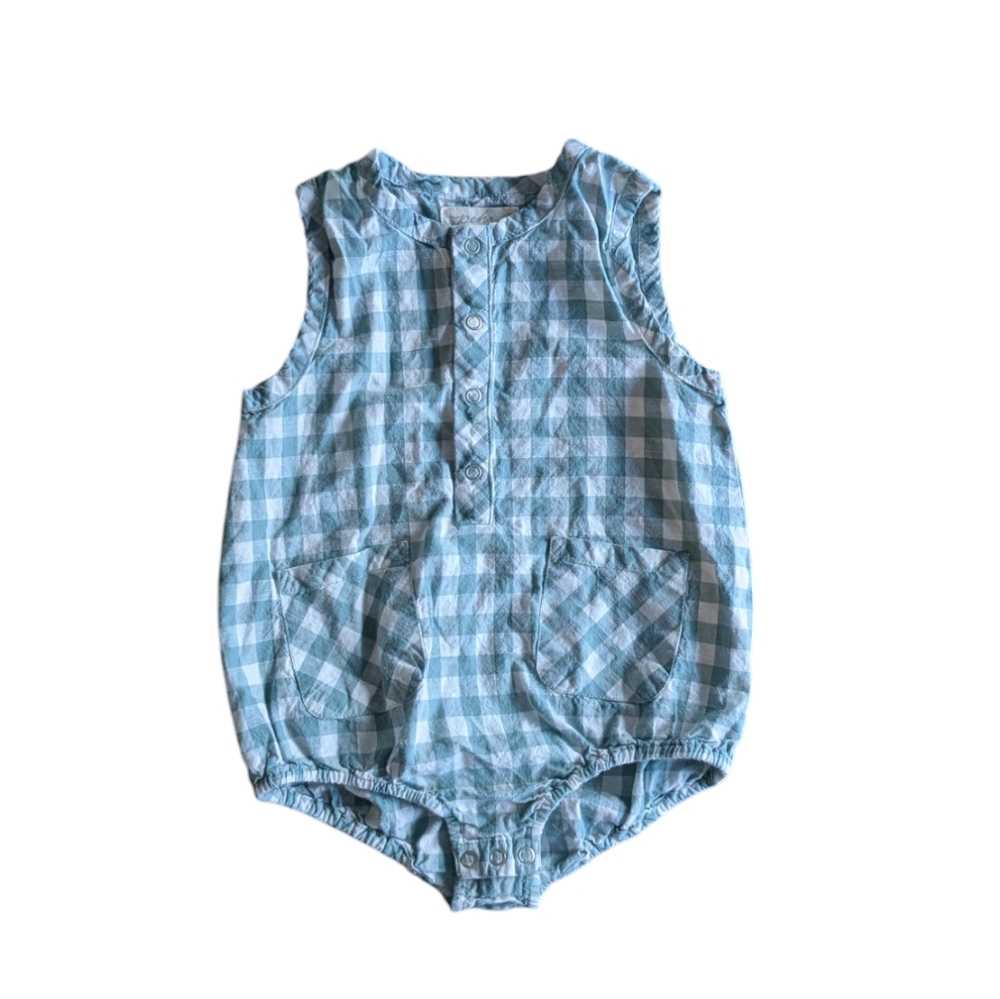 Pehr 6-12 month green-blue checked bubble romper